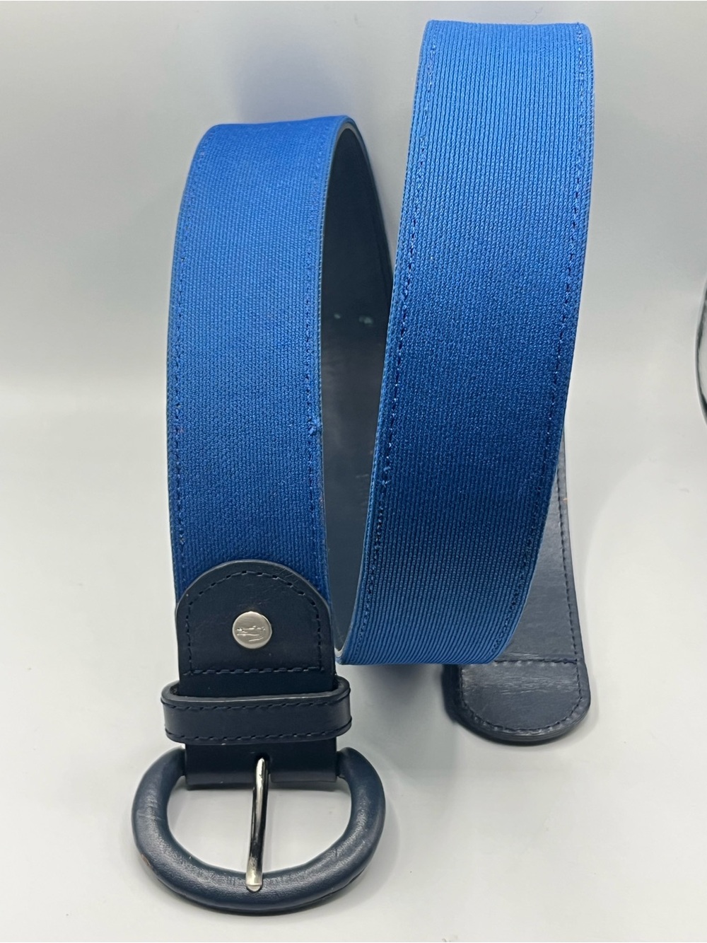 Men's Lacoste Blue Canvas Belt with Navy Leather Lining & Trim size M 42” long